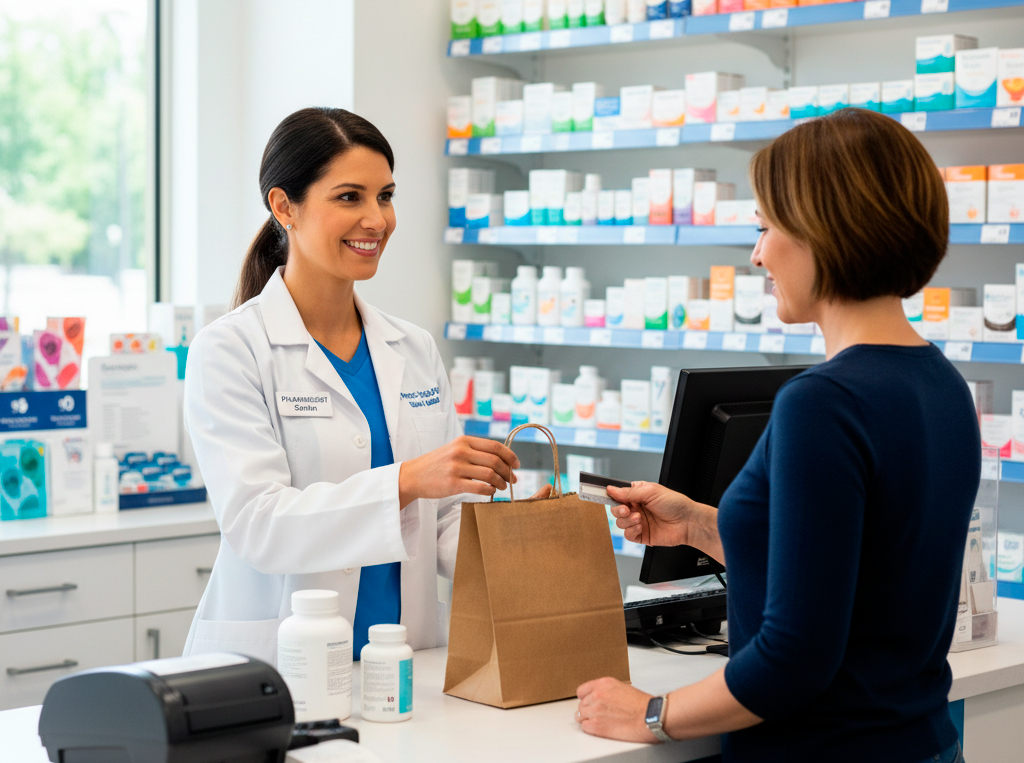 mujer haciendo la compra en una farmacia