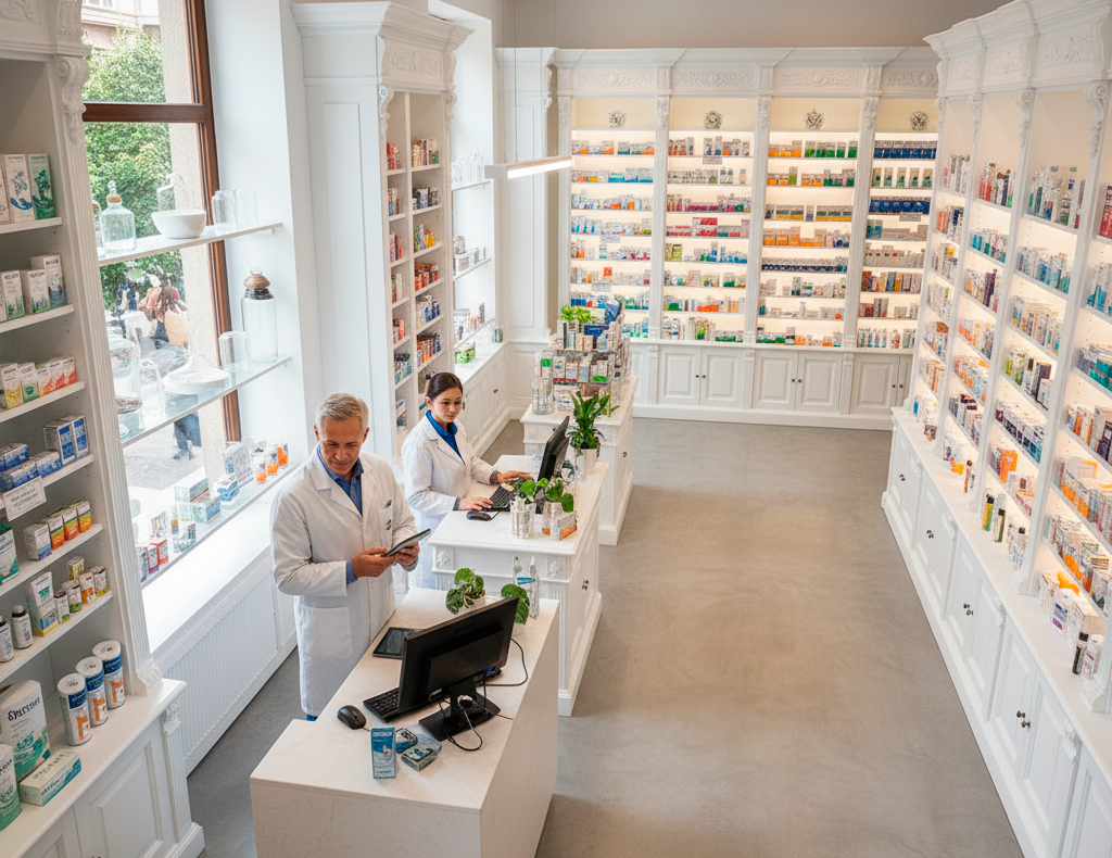 vista cenital de una farmacia blanca